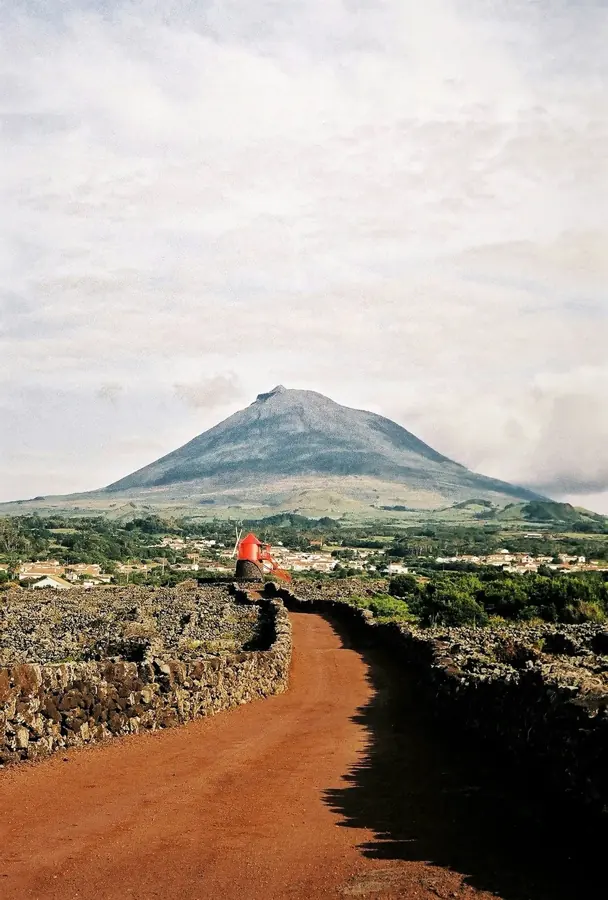 Strada di terra rossa tra i muretti di lava verso il monte Pico