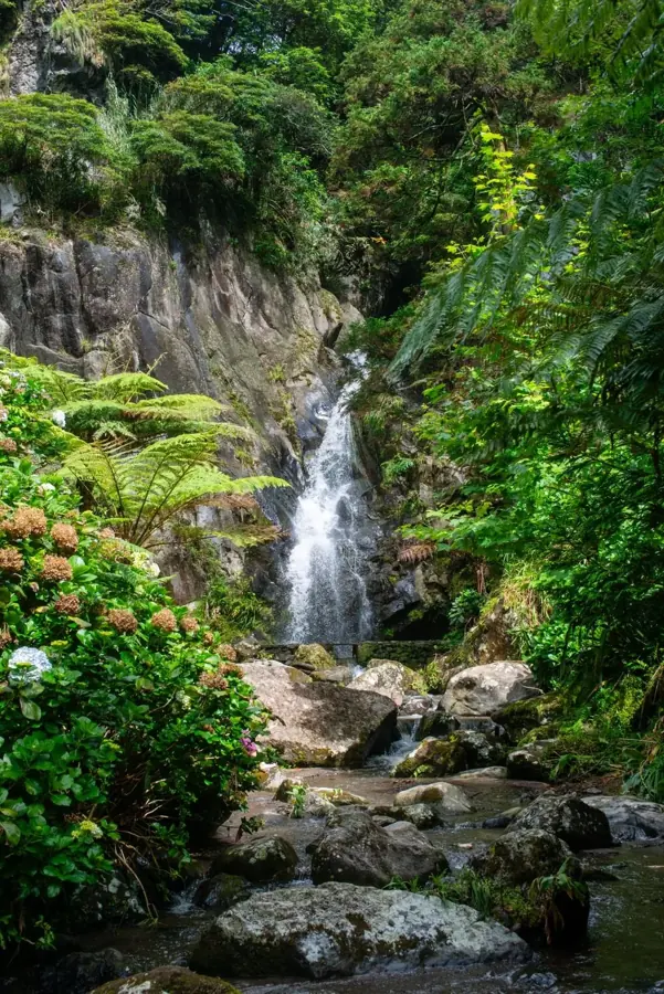 Cascata tra rocce e vegetazione rigogliosa a São Miguel