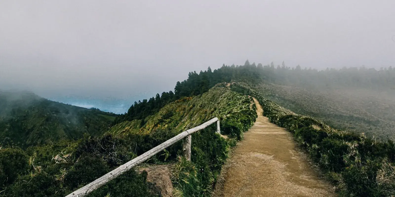 Sentiero nella nebbia tra i rilievi vulcanici delle Azzorre